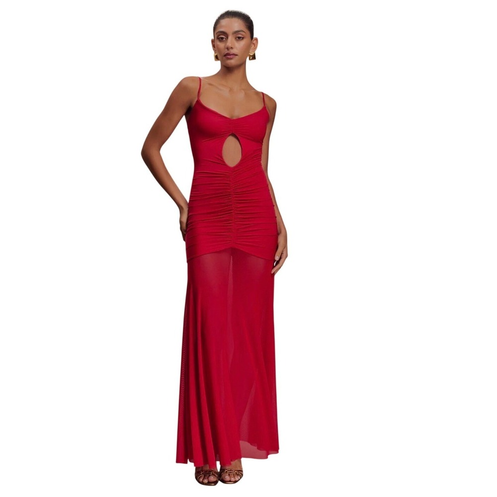 New Meshki Delaney Slinky and Mesh Maxi Dress XS Keyhole Cutout Ruched Stretch